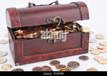 Treasure chest with Euro coins. Isolated on a white background., Schatztruhe mit Euro Muenzen. Isoliert auf weissem Hintergrund Stock Photo