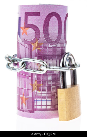 500 Euro banknote locked with a chain, 500 Euro Geldschein abgeschlossen mit einer Kette, Stock Photo