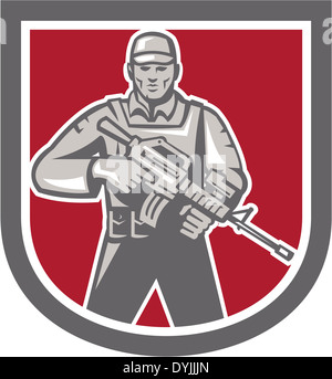Illustration of a soldier serviceman with assault rifle facing front set inside shield crest shape on isolated white background Stock Photo
