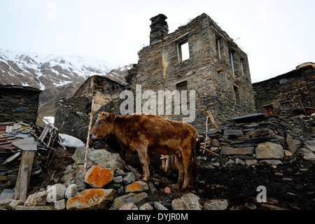 The village of Ushguli one of the highest continuously inhabited settlements in Europe located at the head of the Enguri gorge in Svaneti, recognized as the Upper Svaneti UNESCO World Heritage Site in the Republic of Georgia Stock Photo