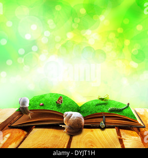 Open old book of magic with animals Stock Photo