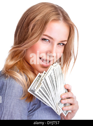 Closeup portrait of pretty woman with leer holding in hands a wad of dollars isolated on white background, spending money Stock Photo