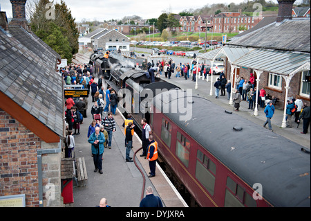 A double headed steam hauled charter train at Llandrindod Wells Railway Station, on the Heart of Wales Line, UK Stock Photo