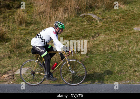 Rawtenstall, Lancashire. 20th April 2014.  Pendle Witches Vintage Velo charity cycle event. To celebrate the coming of the Tour De France arriving in Yorkshire July 2014, the Pendle Witches went for a classic and vintage tour feel with the third ride of the North West`s Vintage Sportif.  An Easter Sunday showcase for some old classics of the cycling world. Stock Photo