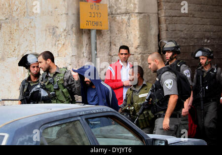 Jerusalem, Jerusalem, Palestinian Territory. 20th Apr, 2014. Israeli policemen detain a Palestinian protester during clashes in Jerusalem's Old City, April 20, 2014. Dozens of Palestinian worshipers were wounded and 25 were detained after clashes broke outside the Al-Aqsa compound when Israeli police denied hundreds of worshippers access to the compound during the visit of Likud member of Knesset Moshe Feiglin © Saeed Qaq/APA Images/ZUMAPRESS.com/Alamy Live News Stock Photo