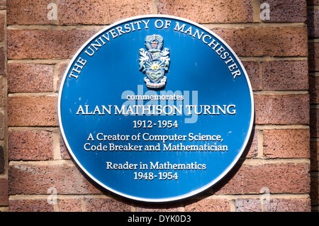 Blue plaque to Alan Turing, Coupland Building 1, Manchester University campus, off Oxford Road, Manchester, England, UK Stock Photo