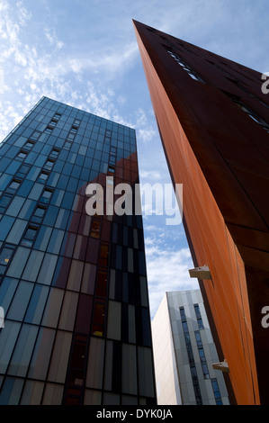 Parkway Gate student accommodation blocks, Manchester, England, UK.  Arch. Ian Simpson.  The tower on right is clad in Cor-ten. Stock Photo