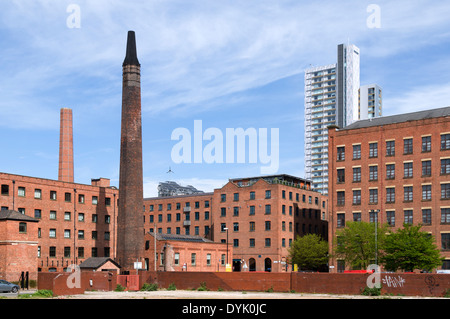 The former Macintosh Mill (now apartments) and Student Castle (later renamed Liberty Living) buildings, Manchester, England, UK Stock Photo