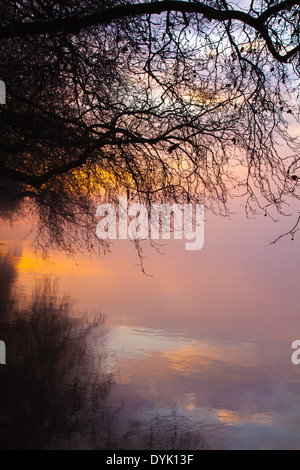 Misty sunrise reflected in the river Stock Photo
