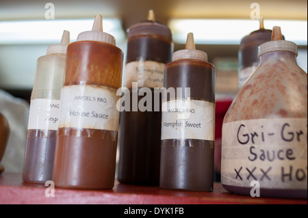 USA Georgia GA Savannah Angel's BBQ restaurant in old historic Savannah - old carriage house - spicy house made sauces Stock Photo
