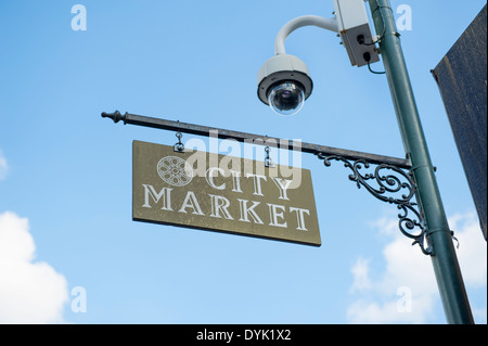 USA Public security safety surveillance overhead camera in the City Market of Savannah GA Georgia Stock Photo