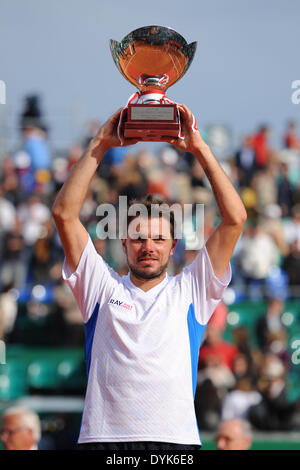 Monaco, Monte Carlo. 20th Apr, 2014. ATP Rolex Masters Tennis final. Roger Federer (SUI) versus Stanislas Wawrinka (Sui). Stanislas Wawrinka (Sui) with trophy Credit:  Action Plus Sports/Alamy Live News Stock Photo