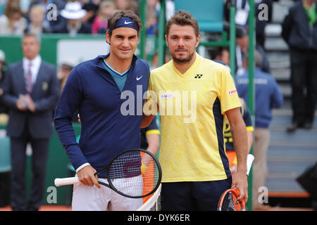 Monaco, Monte Carlo. 20th Apr, 2014. ATP Rolex Masters Tennis final. Roger Federer (SUI) versus Stanislas Wawrinka (Sui). Credit:  Action Plus Sports/Alamy Live News Stock Photo