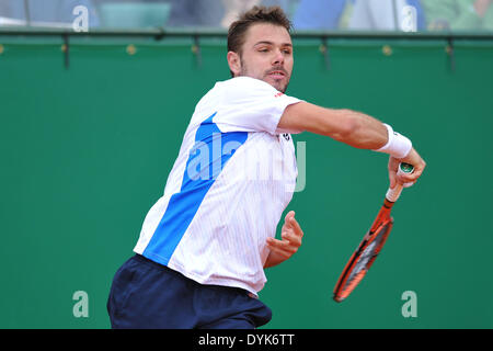 Monaco, Monte Carlo. 20th Apr, 2014. ATP Rolex Masters Tennis final. Roger Federer (SUI) versus Stanislas Wawrinka (Sui). Stanislas Wawrinka (Sui) with a forehand Credit:  Action Plus Sports/Alamy Live News Stock Photo