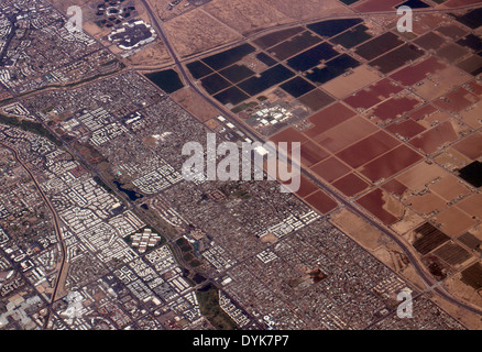 aerial Irrigated farm fields in desert near Phoenix Arizona Stock Photo