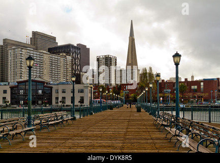 Downtown San Francisco with the Transamerica pyramid viewed from a pier on the Embarcadero. Stock Photo