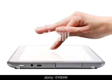 Tablet App Being Selected by a Finger on the Touchscreen, Cut Out, Close Up. Stock Photo