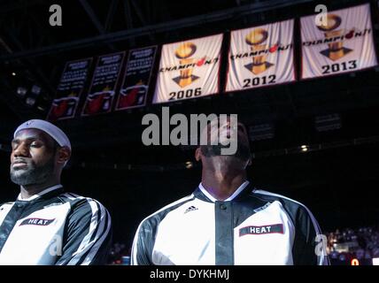 Miami, Florida, USA. 20th Apr, 2014. Miami Heat forward LeBron James (6) and guard Dwyane Wade (3) during the National Anthem as the Heat begin the playoffs at AmericanAirlines Arena in Miami, Florida on April 20, 2014. © Allen Eyestone/The Palm Beach Post/ZUMAPRESS.com/Alamy Live News Stock Photo