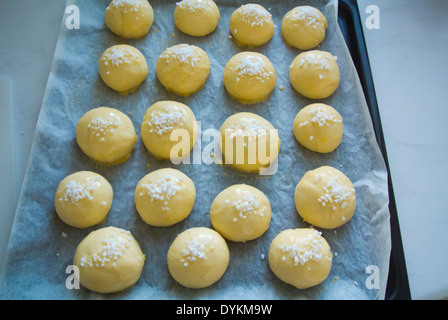 Raw sweet rolls, before going into oven on tray, baking, Finland, Europe Stock Photo