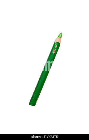 old used short green crayon pencil, isolated on white. Stock Photo