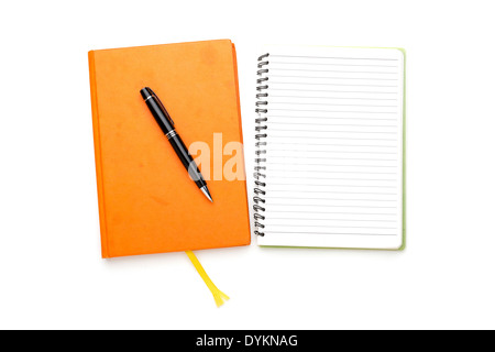 two diaries with ball pen, bookmark, ring binder, one open, one closed. Stock Photo