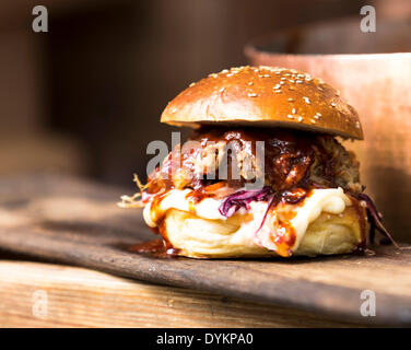 London, UK. 21st Apr, 2014. Close up of pulled-pork burger on sale at the Dixie Union stall, The World Street Food Festival, Southbank Centre, London, UK on Monday, 21 April, 2014 Credit:  Cecilia Colussi/Alamy Live News Stock Photo