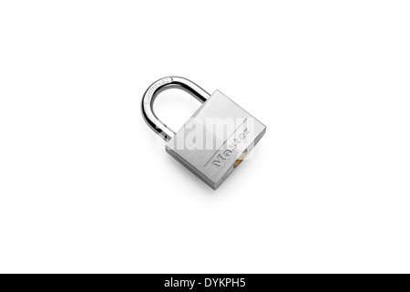 A steel pad lock against a white background with a shadow Stock Photo