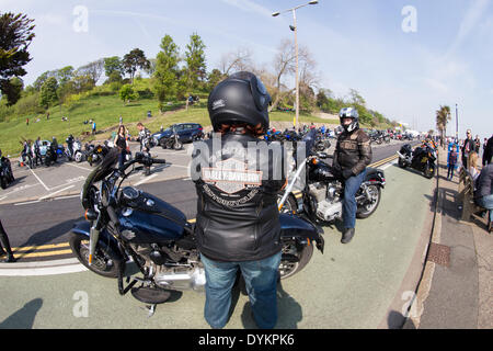 Southend-On-Sea, Essex UK.  21st April 2014.  16th Annual Shakedown, organised by Ace Cafe, is an annual event featuring motorbikes and scooters. This 16th running was held in aid of the NSPCC .  Thousands of bikers today rode the 65 miles from The Ace Cafe London to the seafront at Southend-On-Sea for a sunny Easter Bank Holiday Monday Credit:  Graham Eva/Alamy Live News Stock Photo