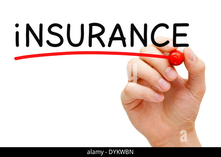 Hand underlining Insurance with red marker on transparent wipe board. Stock Photo