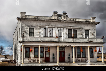 Halloween decorations at the Adams Hotel, a restored building on Main Street Lavina, Montana, USA, America Stock Photo