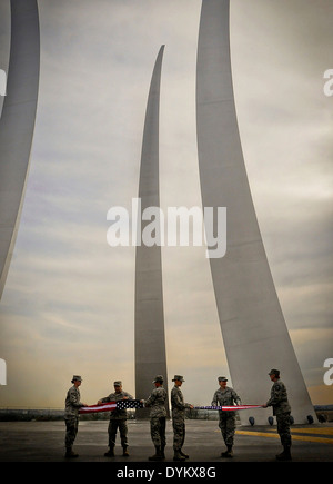 US Air Force Airman fold 430 flags in four hours for use in ceremonies and gifts at the Air Force Memorial April 11, 2014 in Arlington, Virginia. Stock Photo