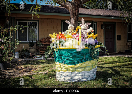 A large Easter basket sits on a lawn outside a home in Burbank, California to celebrate this religious holiday. Stock Photo