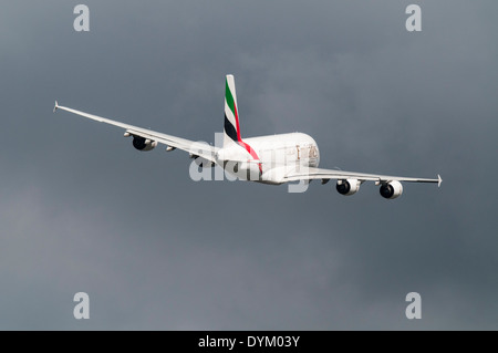 Rear view of Emirates Airbus A380 taking off from Birmingham ...