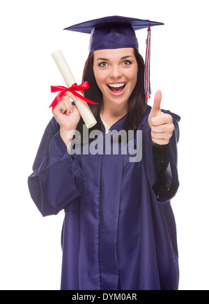 Happy Graduating Mixed Race Female Wearing Cap and Gown with Her Diploma Isolated on White Background. Stock Photo