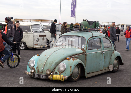 Volkswagen Beetle Rat with toy sports car on the Roof Stock Photo