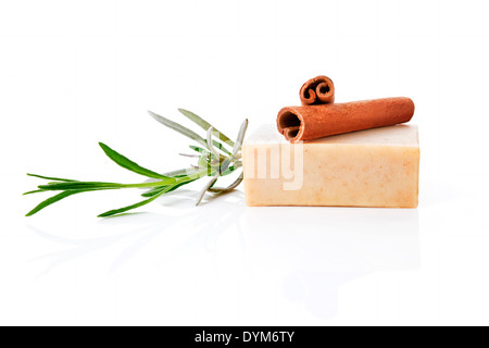 Square cinnamon soap bar with cinnamon isolated on white background. Stock Photo