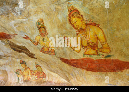 Cloud Maidens, rock painting, fresco, mural at Lion Rock, UNESCO World Heritage Site, Sigiriya, Central Province, Sri Lanka Stock Photo