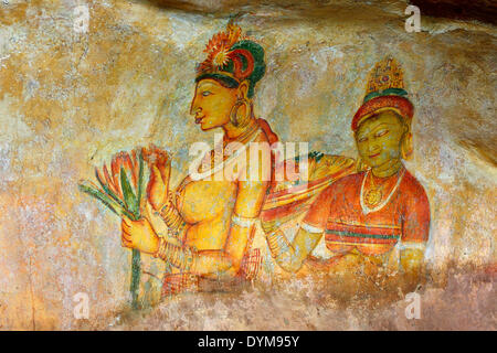 Cloud Maidens, rock painting, fresco, mural at Lion Rock, UNESCO World Heritage Site, Sigiriya, Central Province, Sri Lanka Stock Photo