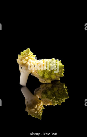 Romanesque cauliflower pieces isolated on black background. Healthy raw food eating. Culinary fresh vegetable. Stock Photo