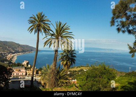 Palm trees & view to Baia Delle Sirene & the 'Toe of Italy' from this NE tourist town; Taormina, Catania Province, Sicily, Italy Stock Photo