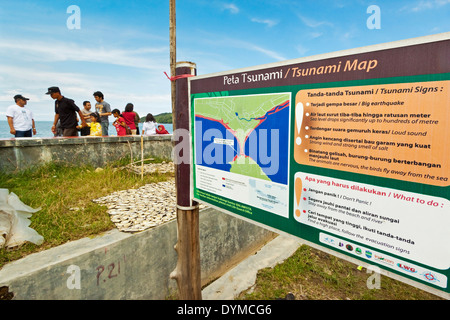 Tsunami map & list of danger signs to watch out for, at this popular south coast resort; Pangandaran, West Java, Java, Indonesia Stock Photo