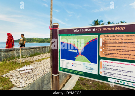 Tsunami map & list of danger signs to watch out for, at this popular south coast resort; Pangandaran, West Java, Java, Indonesia Stock Photo