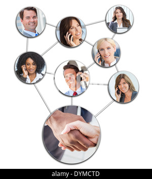Team communication montage of interracial successful business people, men and women using mobile cell phones to social network Stock Photo