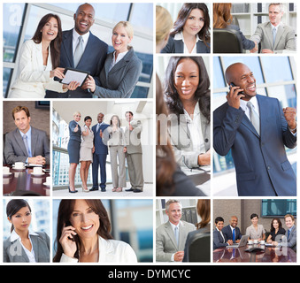 interracial business men & women businessmen, businesswomen on cell phone, using laptop and tablet computers, in meetings Stock Photo