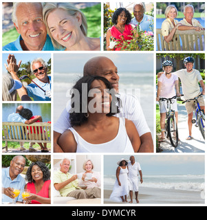 Old senior man woman couples enjoying an active retirement lifestyle walking on the beach, gardening, playing golf and cycling Stock Photo
