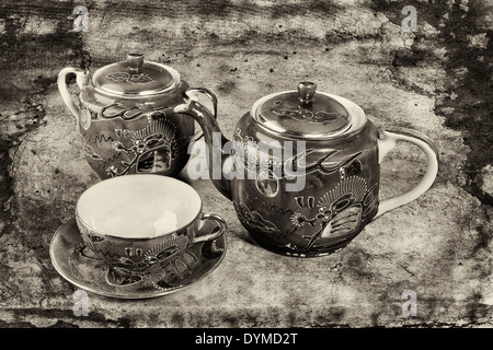 Old japanese tea cups and sugar bowl Stock Photo