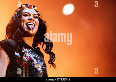 BENICASSIM, SPAIN - JULY 14: Jessie J, English singer and songwriter, stuck her tongue out to the crowd, during her performance. Stock Photo