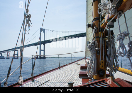 Newport Bridge as seen from a sailboat sailing in Narragansett Bay, Rhode Island Stock Photo