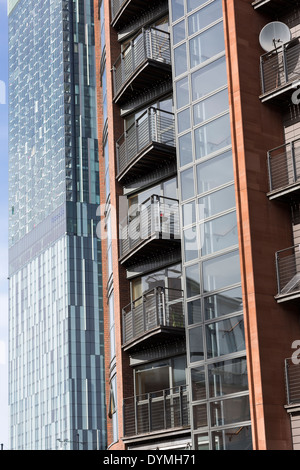 Beetham Tower Manchester and the apartment dlock HAcienda, that stand on the site of the famous nightclub Stock Photo