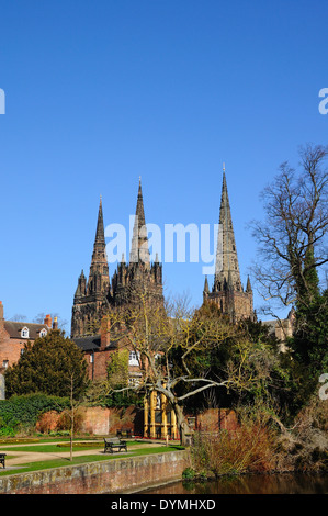 Cathedral and Remembrance Gardens seen across Minster Pool, Lichfield, Staffordshire, England, UK, Western Europe. Stock Photo